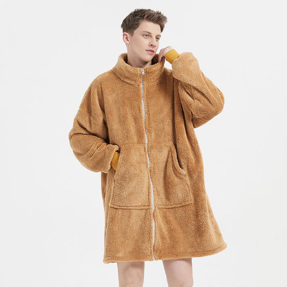 Mens Camel Fleece Zipper Cardigan Nightgown