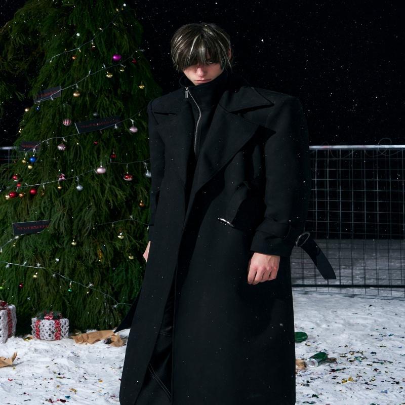 Mens Black Stand-Up Collar Quilted Thickened Faux Suede Wool Coat