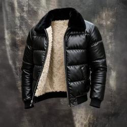 Motorcycle Leather Jacket With A Sheepskin Lapel