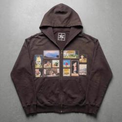 Printed Hooded Cardigan Zip-Up Sweatshirt