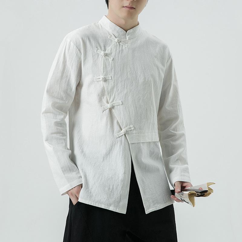 Mens Fashion Cotton-Linen Long-Sleeve Shirt Top