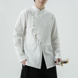 Mens Fashion Cotton-Linen Long-Sleeve Shirt Top