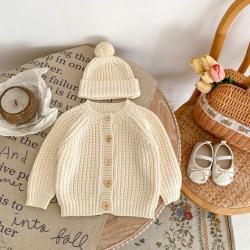 Creamy-white Knitted Long-sleeved Coat Cardigan Sweater