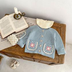Childrens Round Collar Sweater Cardigan Hand Crochet Hollow Flower Pocket Coat