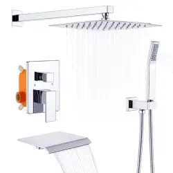 Rain Shower System Chrome Tub Shower Faucet Set 10 Inch Square Rainfall Shower Head With Handheld Sprayer And Waterfall Tub Spout[Unable Ship Weekends, TK/TEMU Only For Pickup]