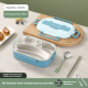 Square button lunch box-1.5L five-grid model + tableware soup bowl-blue-304 stainless steel-1 set - Option1