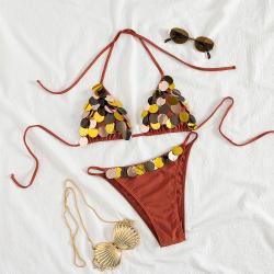Womens Casual Lace-up Backless Pure Color Bikini Split Swimsuit