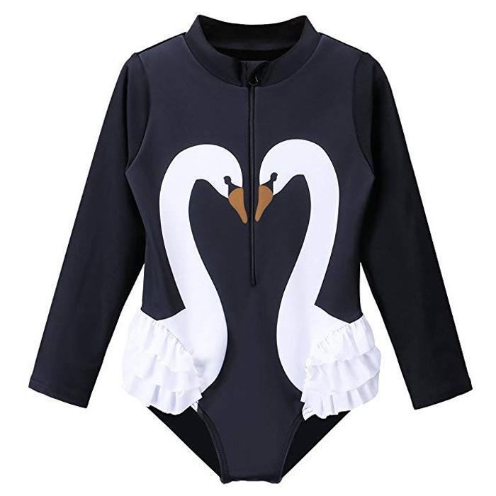 Girls Swimsuit Swan Zipper Long Sleeves