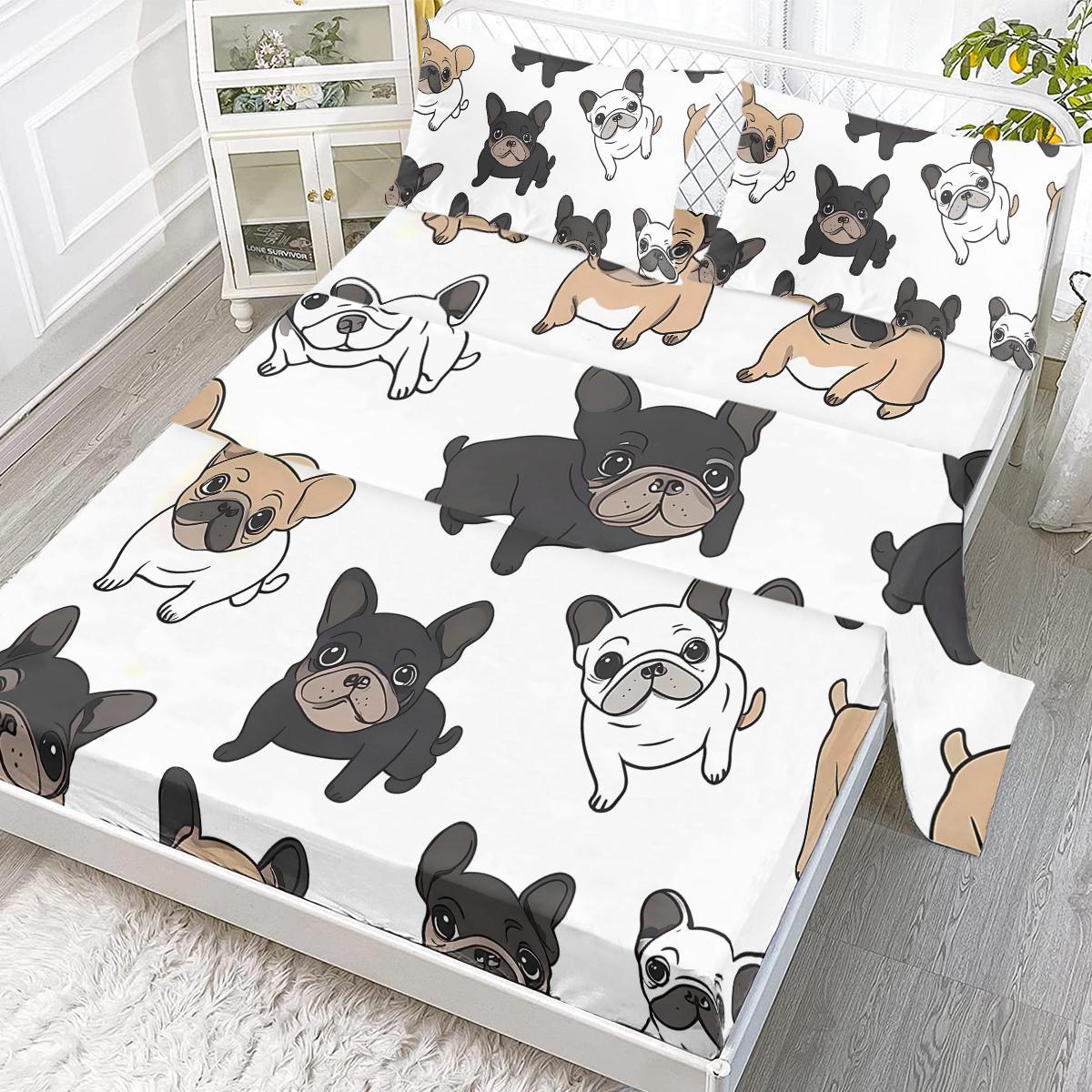 4PCS French Bull Dog Bed Sheet Set, White Black Bedding Set, Puppy Flat Sheet Set, 1 Flat Sheet,1 Fitted Sheet, 2 Pillow Cases