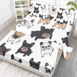 4PCS French Bull Dog Bed Sheet Set, White Black Bedding Set, Puppy Flat Sheet Set, 1 Flat Sheet,1 Fitted Sheet, 2 Pillow Cases