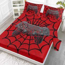 4PCS Gamer Bed Sheet Set, Red Bedding Set, Spider Web, 1 Flat Sheet,1 Fitted Sheet, 2 Pillow Cases