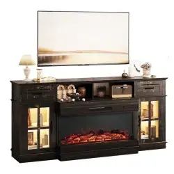 70-inch Black Gold Oak Electric Fireplace TV Stand - 2 Lattice Glass Doors, 2 Drawers & Shelf, Compatible With 36 3-Sided Glass Insert