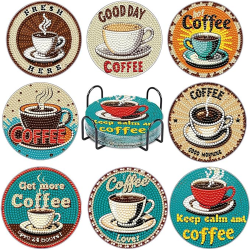 Diamond Art Drawing Coaster With Bracket, DIY Coffee Pattern Diamond Art Coaster, Suitable For Adults And Beginners Diamond Drawing Kit, Diamond Kit Craft Supplies, Exquisite Gifts For Friends