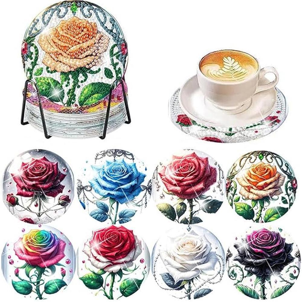 Diamond Art Drawing Coaster With Bracket, DIY Rose Pattern Diamond Art Coaster, Suitable For Adults And Beginners Diamond Drawing Kit, Diamond Kit Craft Supplies, Exquisite Gifts For Friends