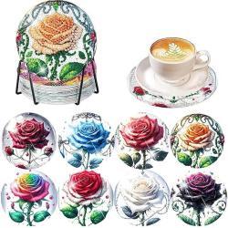 Diamond Art Drawing Coaster With Bracket, DIY Rose Pattern Diamond Art Coaster, Suitable For Adults And Beginners Diamond Drawing Kit, Diamond Kit Craft Supplies, Exquisite Gifts For Friends