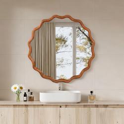 Yellowish Brown 30 Inch Wavy Round Solid Wood Frame Decorative Mirror,For Bedroom, Bathroom, Living Room, Entryway