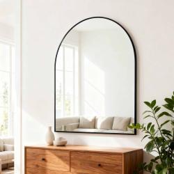 30x36 Inch Black Metal Framed Arched Bathrrom Mirror For Wall.