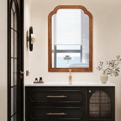 Yellowish Brown Color 24  X 36  Solid Wood Frame Rounded Corner Decorative Mirror, For Bedroom, Bathroom, Living Room, Entryway
