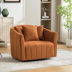 39 W Upholstered Oversized 360 Swivel Accent Barrel Chair And Half Cozy Sofa With 3 Pillows, Chenille Channel Tufted Pumpkin-Shape Club Armchair For Living Room, Bedroom, Office, Lounge,Orange