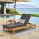 Teak Finish Acacia Wood Chaise Lounge With 4-Inch Dark Grey 2-Fold Cushion Set, 4-Position Adjustable Outdoor Patio Lounger With Flat Side Surface, For Poolside - Matching Cream Version Available