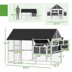 Wooden Chicken Coop With Run, 2 Nesting Boxes, 2 Roosting Bars, Ramp & Tray, Poultry Cage For 6-8 Chickens, Gray