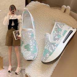 Womens Fashion Lace Mesh Casual High Heel Sneakers