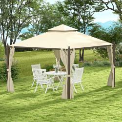 10 x 12 Outdoor Patio Gazebo with Curtains, Two-Tier Roof, Beige