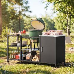 Grill Table for Big Green Egg Grill, Heavy Duty Metal BBQ Prep Table with Stainless Steel Top and Storage Cabinet, Black