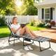 Folding Outdoor Chaise Lounge Chair Tanning Chair with 5-Level Adjustable Back, Side Table, Pillow, Pocket, Blue White