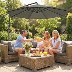 10 ft Offset Patio Umbrella with Cover, Hanging Cantilever Umbrella with 360° Rotation, Crank Handle, Tilt Grayish Brown
