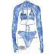Three piece swimsuit with printed lace up