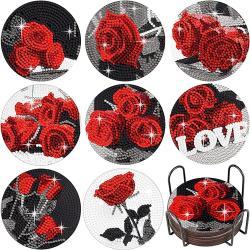 Diamond Art Drawing Coaster With Bracket, DIY Rose Pattern Diamond Art Coaster, Suitable For Adults And Beginners Diamond Drawing Kit, Diamond Kit Craft Supplies, Exquisite Gifts For Friends